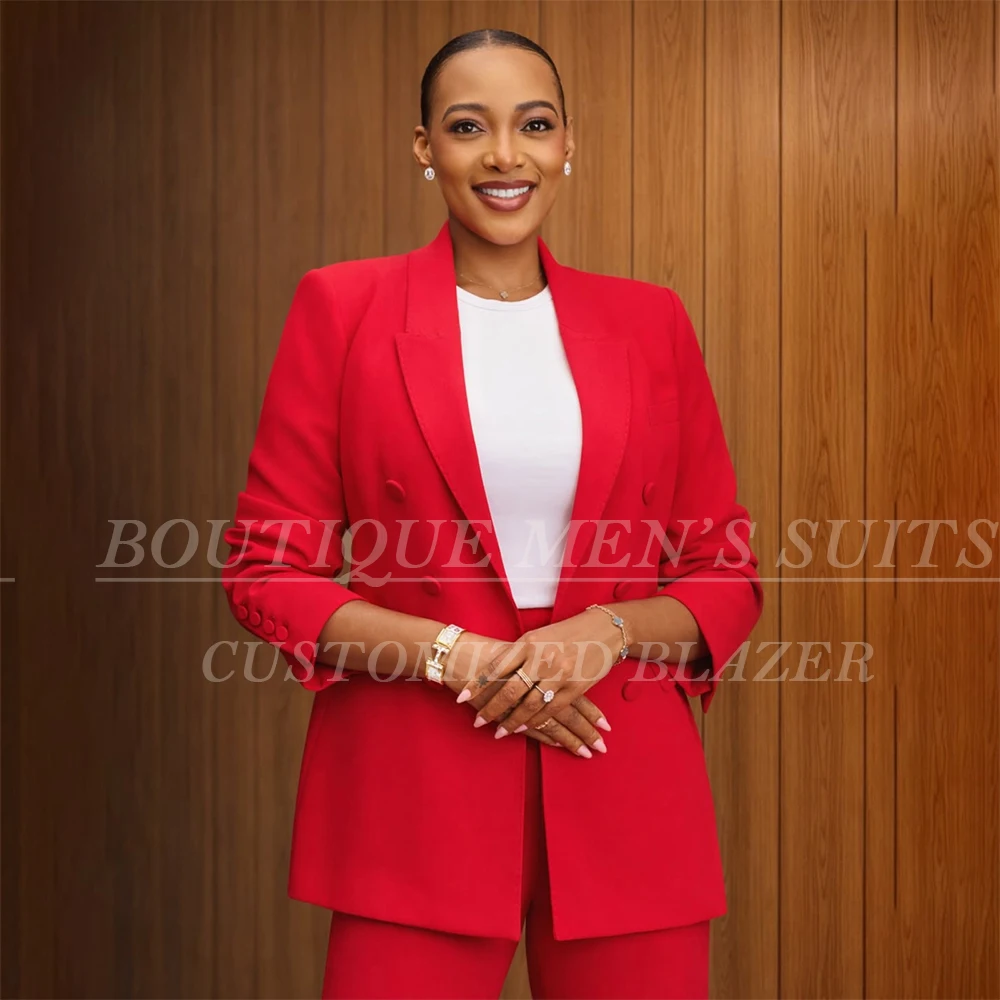 

High Quality Red Women's Trousers Sets Customzied Double Breasted Peak Lapel Slim 2 Piece Jacket Pants Office Female Outfits