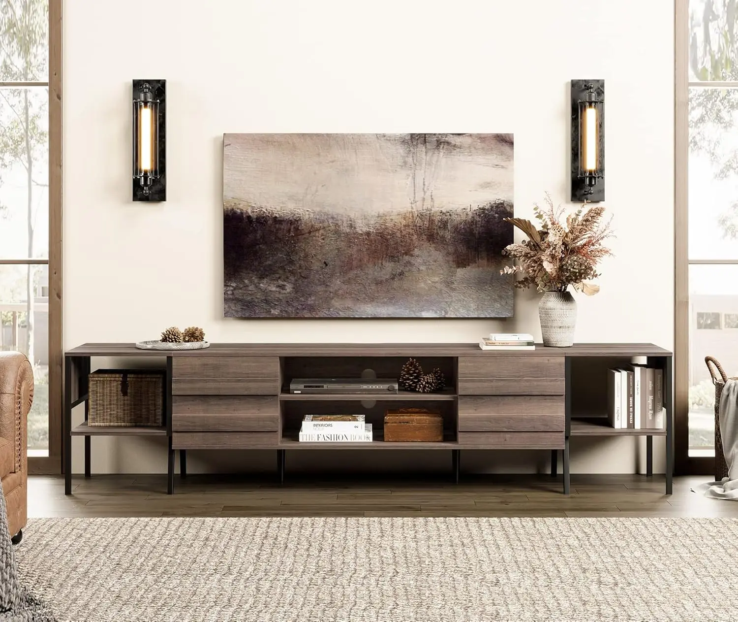 Conjunto de mesa de sala de estar moderno de meados do século, 2 peças, mesa de console de suporte de TV de 90 polegadas para TVs de até 95 polegadas, café com parte superior elevatória de 42 polegadas