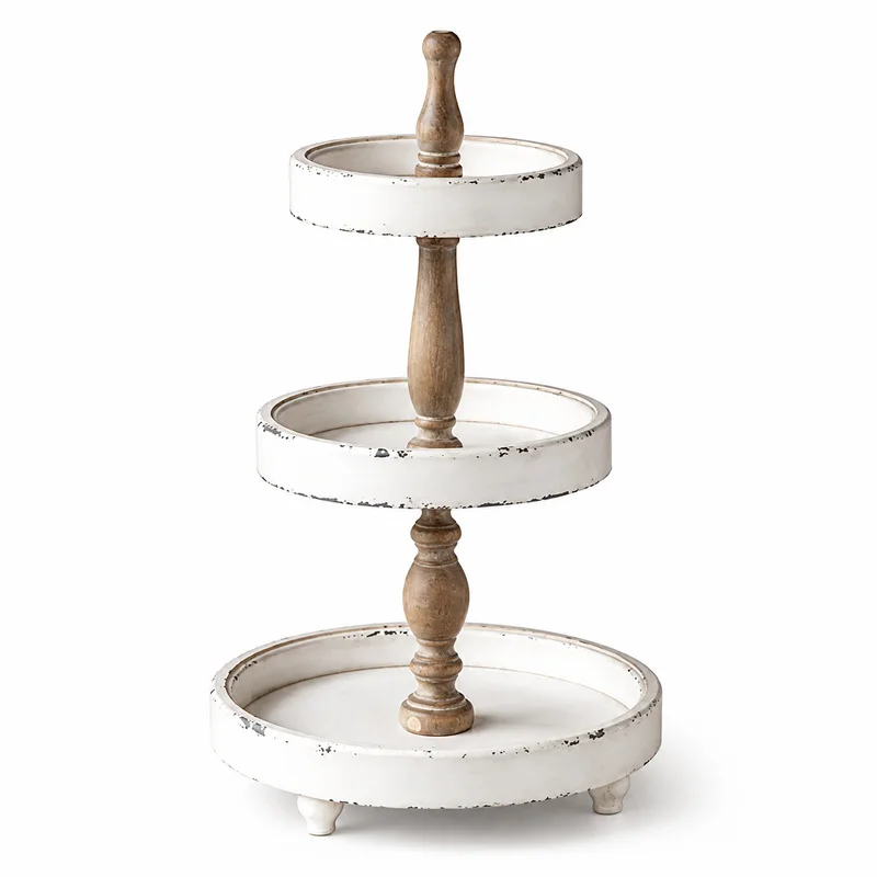 3 Tier Round Tray Stand Rustic Farmhouse Wood Display Organizer Distressed White Cupcake Display for Kitchen Table Counter Decor
