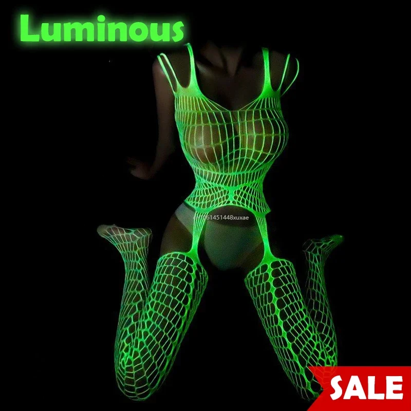 Luminous Sexy Bodysuit See Through Hollow Out Net Clothing Sexy Lingerie Mesh Sex Costumes for Mesh Dress Underwear Bondage