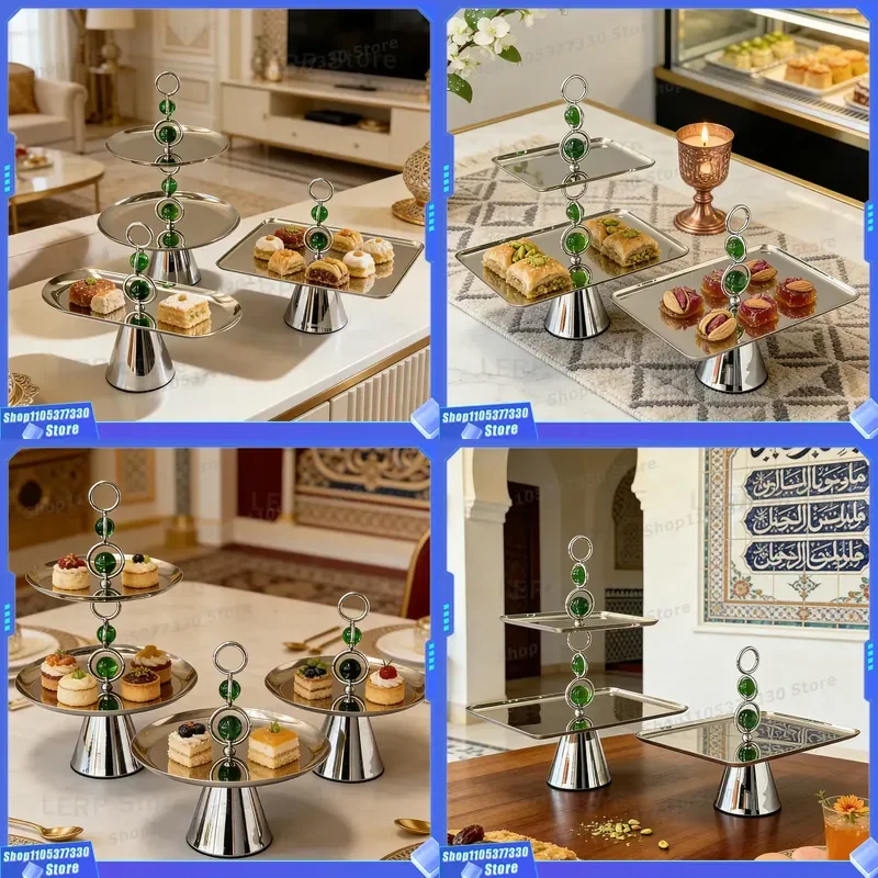 Modern Stainless Steel Cake Stand Silver Metal Dessert Rack Fruit Plate Display for Home Decoration Ramadan Snack Serving