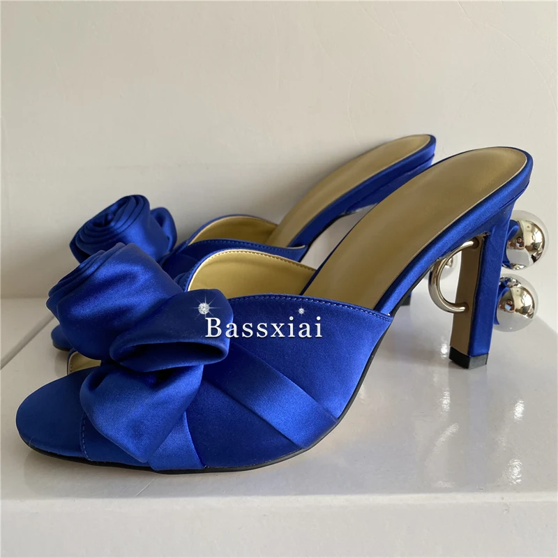 Luxury Satin Handmade Rose Flower Sandals Women Unique Metal Beads Decor Fretwork Heel Slingbacks Mules Summer
