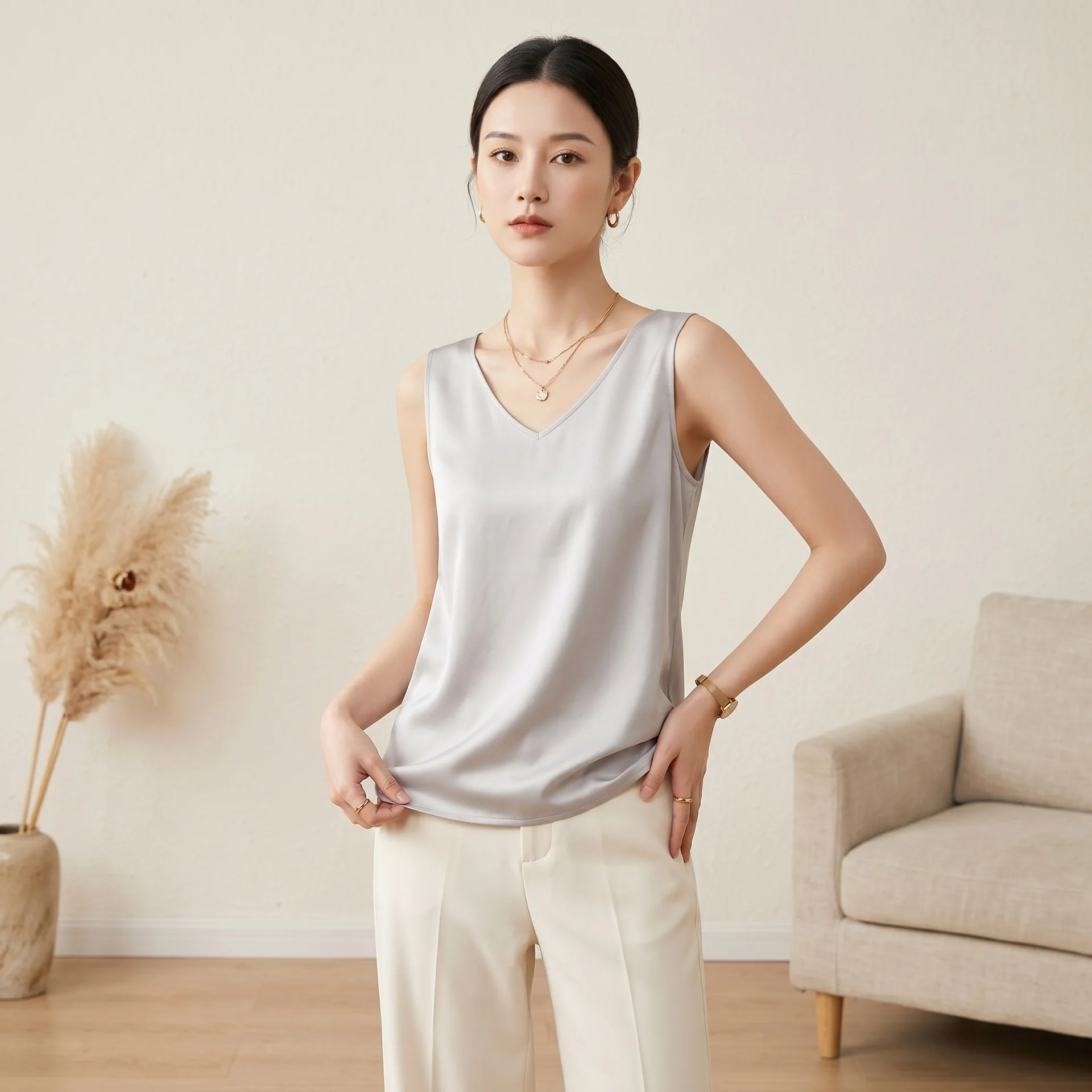 Women Summer Silk Sleeveless Tank Top V Neck Solid Mulberry Silk Camisole Elegant Basic Inner Wear Blouse Office Lady Satin Vest