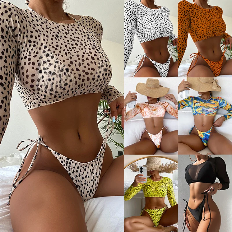 

New Swimwear Long Sleeve Mesh Coat Ladies Three-Piece Set Swimsuit Leopard Print Sexy Bikini ZT270