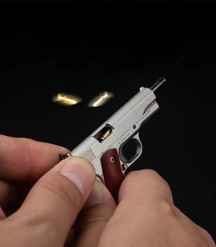 Mini Gun Toys 1/3 Metal 1911 Keychain Shell Eject Wood Grip Toy Gun Miniature Collection of Alloy Pistols Pendant for Gift