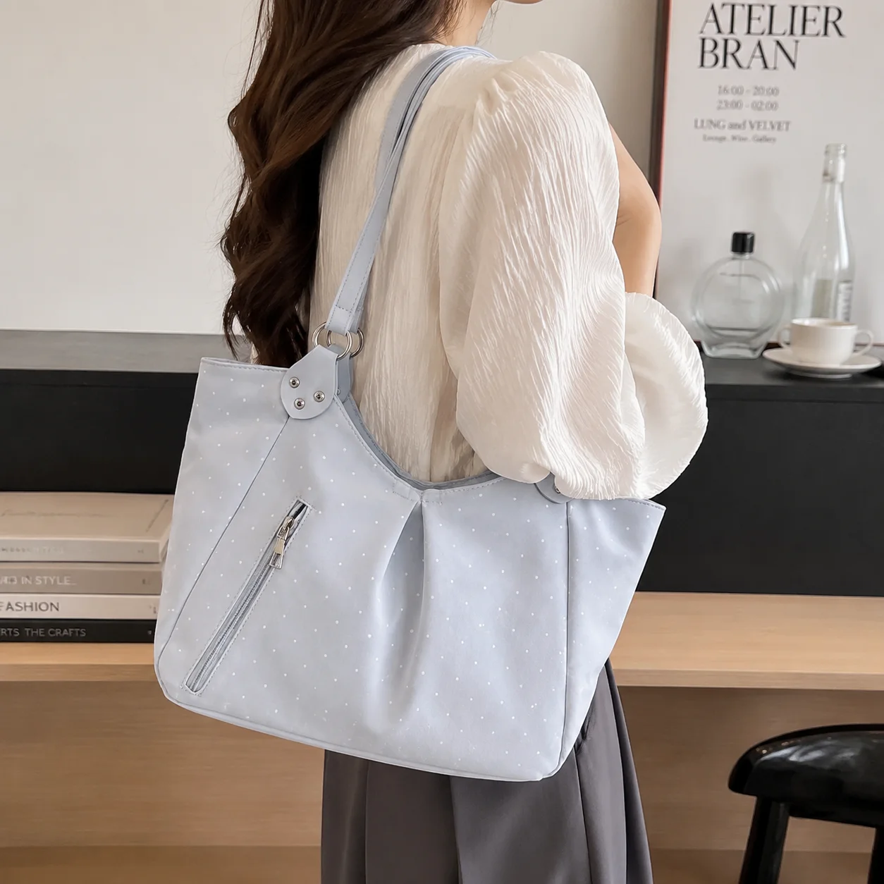 Shoulder Tote Bag Korean Polka Dot Retro Cute Zipper Vintage Large Capacity Underarm Casual Daily New Hot forWomen Shopping Work image 4