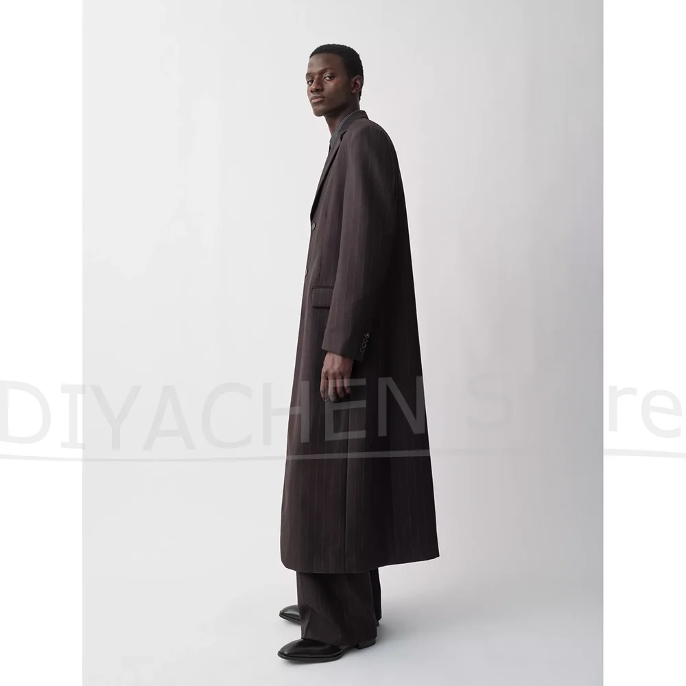Men Dark Brown Striped Long Suit Set Chic Single Breasted Oversized Outfit Formal Business Casual Streetwear Wedding Party Suits