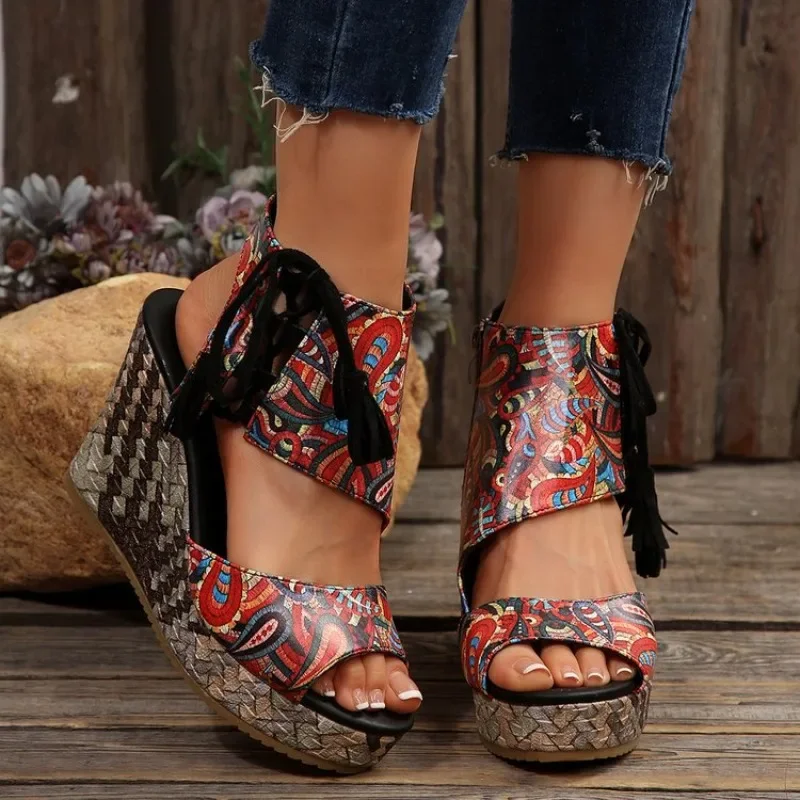 

Roman Sandals Women's Summer New Round Toe Open Toe Platform Printed Side Zipper Anti-Slip Wear-Resistant Super Heels
