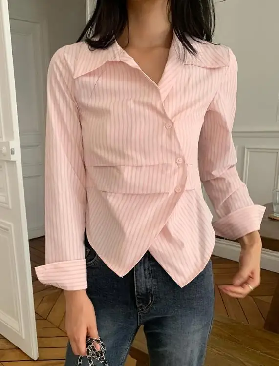 

Woman Blouse 2025 Spring Autumn New Fashion Stripe Print Turn-Down Collar Long Sleeved Asymmetric Hem Casual Daily Shirt