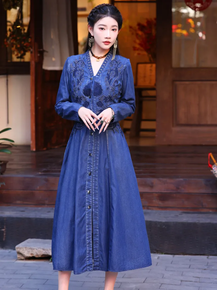 #2733 Spring Long Sleeve Denim Dress Women V-neck Embroidery Cardigan Front Button Shirt Dress Ladies Slim High Waisted A-line