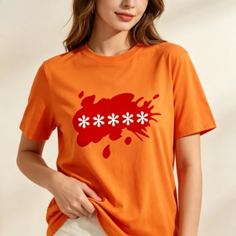 Soft Cotton Women Standard Short Sleeve T-Shirt, Red Paint Splash White Five Little Flowers Minimal Art Print Crew Neck  Tee