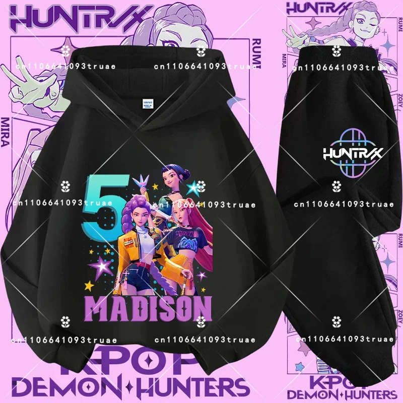 2026 KPop شيطان الصيادين الاطفال هوديي مجموعة الفتيان في سن المراهقة الفتيات هودي بلوزات مع السراويل رياضية ملابس الخريف للأطفال 2 قطعة