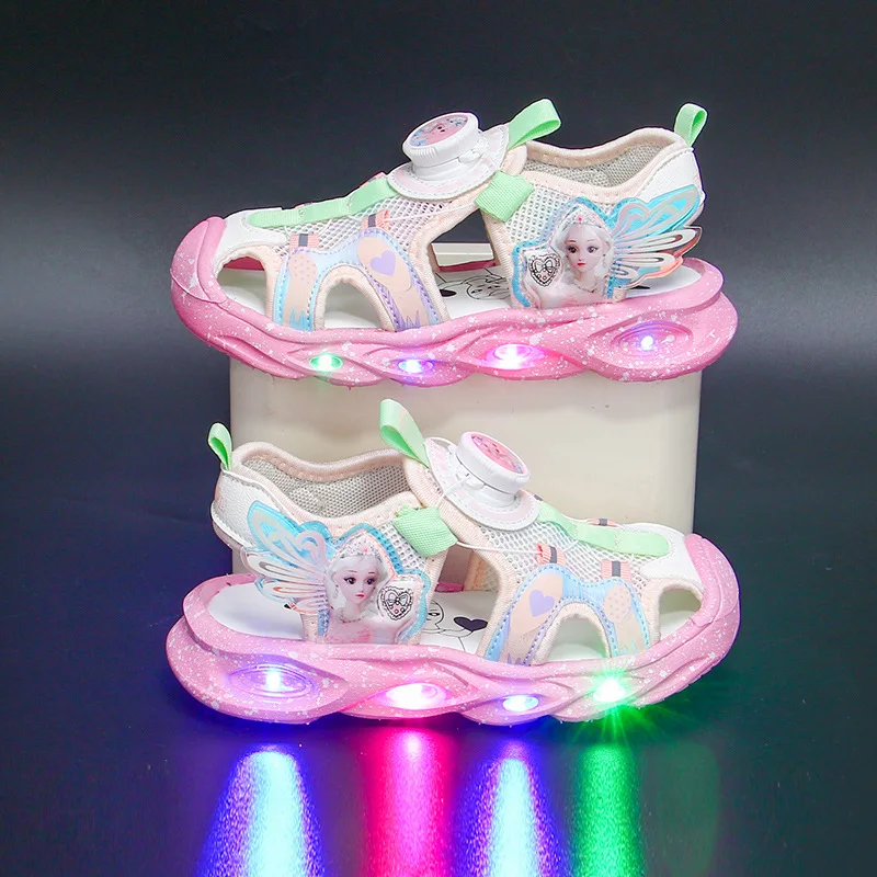 Disney Girls Bag Head Sandals 2025 Spring New Children's Casual Beach Shoes Girls Soft Sole Fashion Hollow Sports Shoes