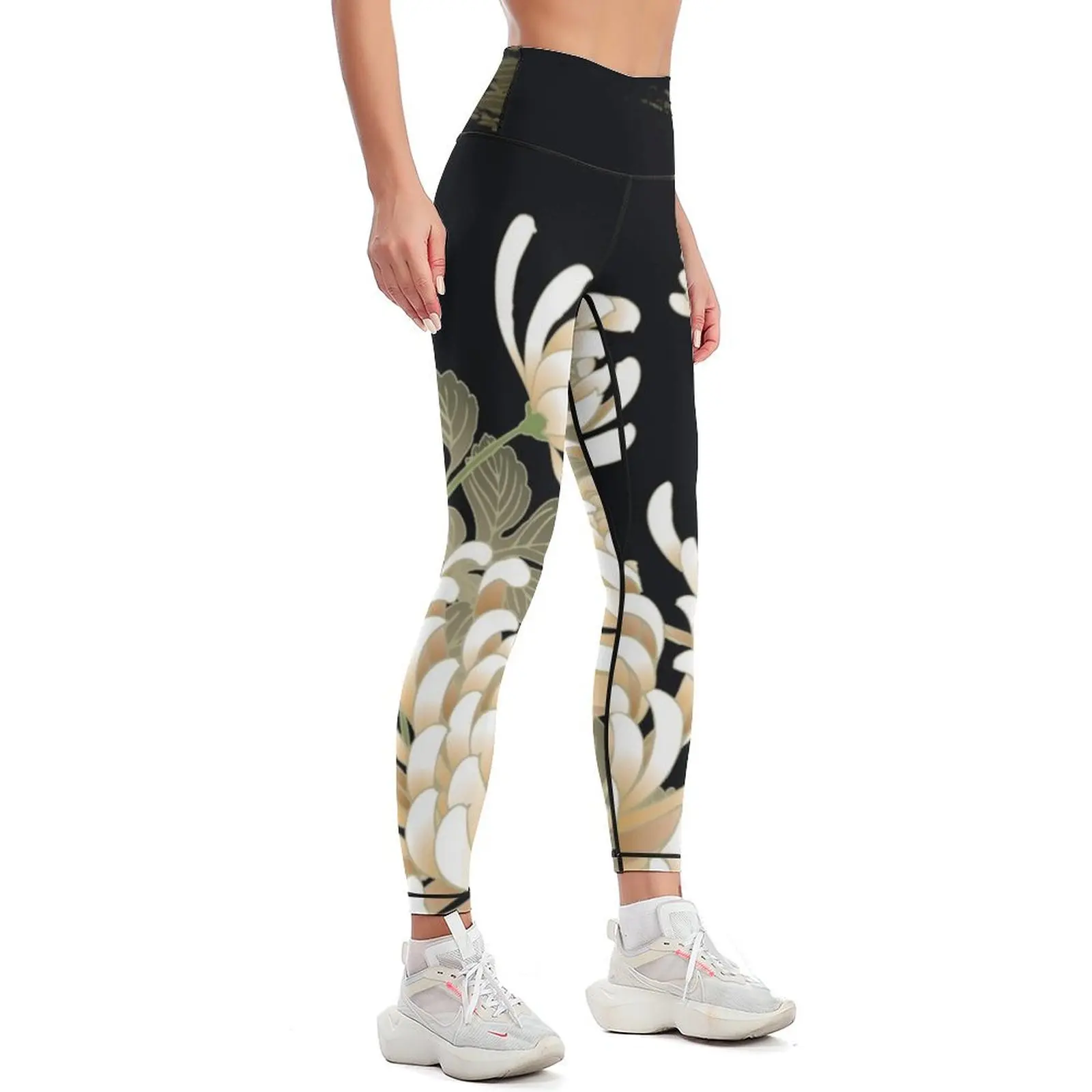 White Peonies Red Maple Leaves Japanese Kimono Pattern Leggings Sweatpants legging push up Womens Leggings