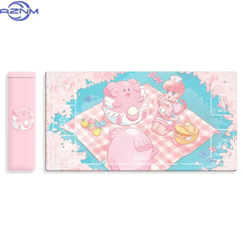 Pink Sweet Anime Card Game Mousepad, Rubber Non-Slip Playmat with Game Zone Markings, Smooth Large Table Mat for Trading Card Ga