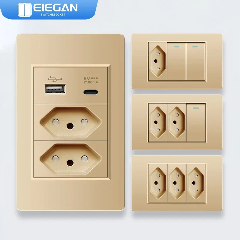 

ELEGAN Gold Brazil Fireproof PC Panel Standard Outlet Double USB Type C Wall Power Socket Light Switch Office 118*72mm 10A 20A