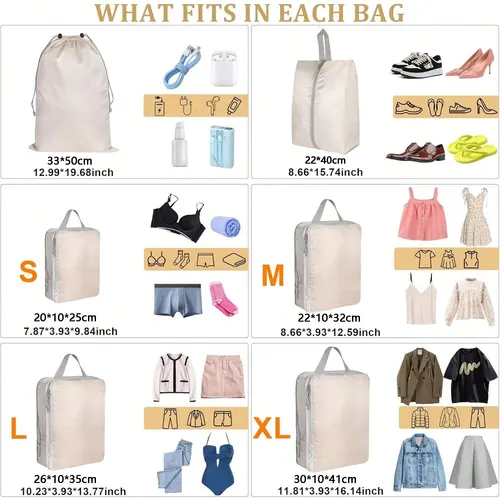 Imagen 2 del producto Juego de/6 uds. De bolsas de almacenamiento de viaje de embalaje comprimible, cubos, maleta impermeable, portátil de nailon con bolso, organizador de equipaje Ryanai