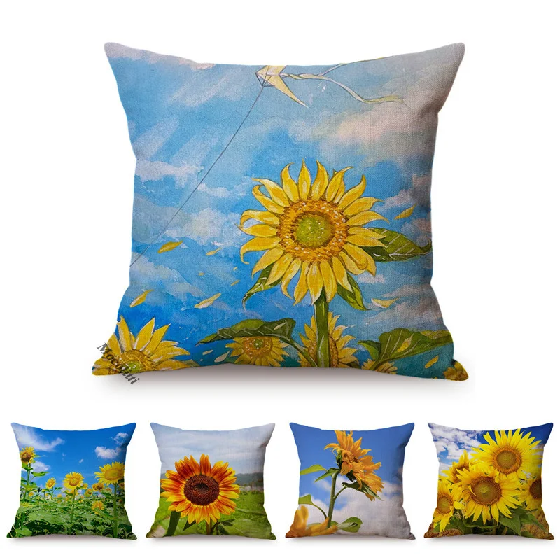 Sunflower Farm Natural Landscape Style Home Decor Sofa Pillow Case Nordic Pastoral Cotton Linen Living Room Chair Cushion Cover