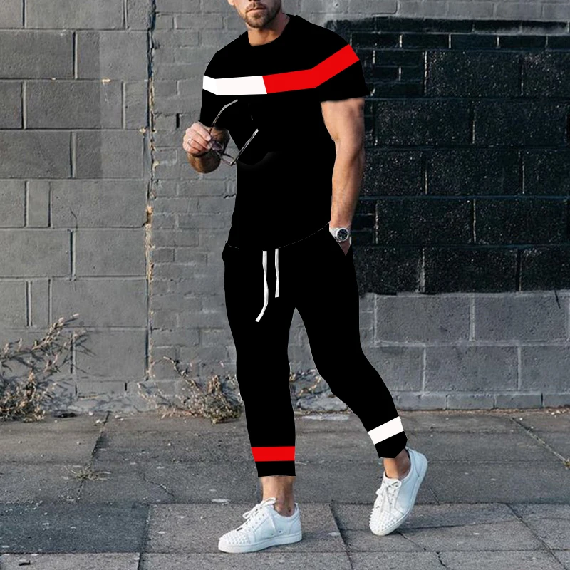 Men's Tracksuit Sportswear 2-piece Sports Suit Men Summer3D Printed T-shirt Set Fashion Trousers Striped Geometric Printed Shirt