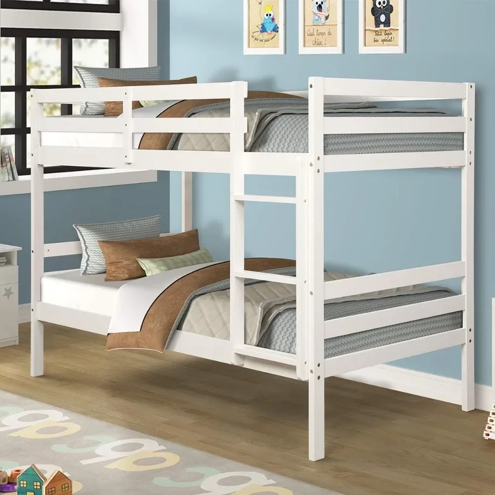 

Twin Over Twin Bunk Beds, Wood Convertible Two Beds, Solid Rubberwood Bunk Bed with Built-in Ladder and Safety Rails, Beds