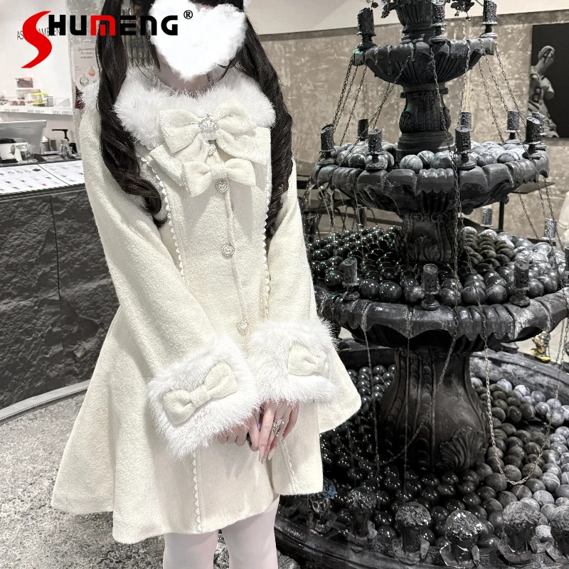 Casaco de Renda Produzido em Massa, 30% Lã, Ajuste na Cintura, Top Longo com Enchimento de Algodão, Gola de Pele, Jaqueta Slim-Fit de Botão Único Japonesa