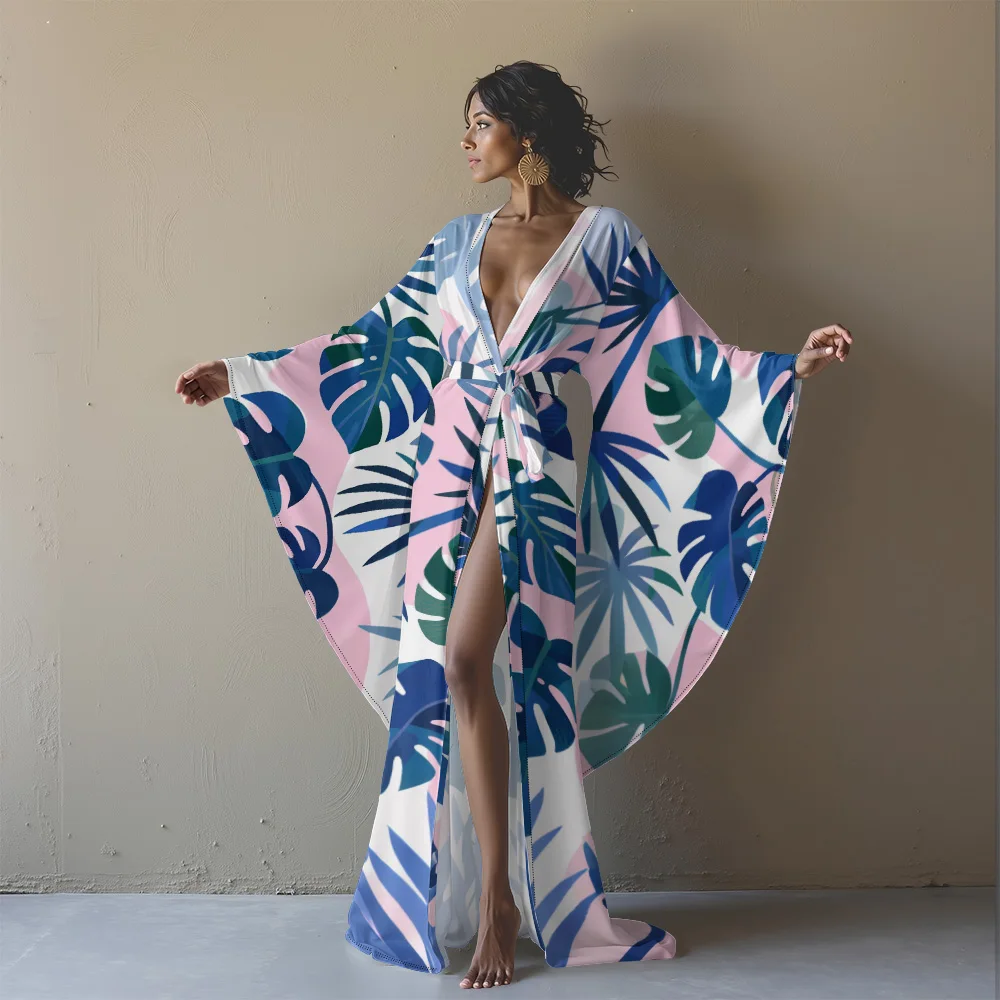 

Elegant Open-Front Long Kimono with Side Slit and Bell Sleeves Tropical Plant Design Stylish Cover-Up Robe for Vacation or Home