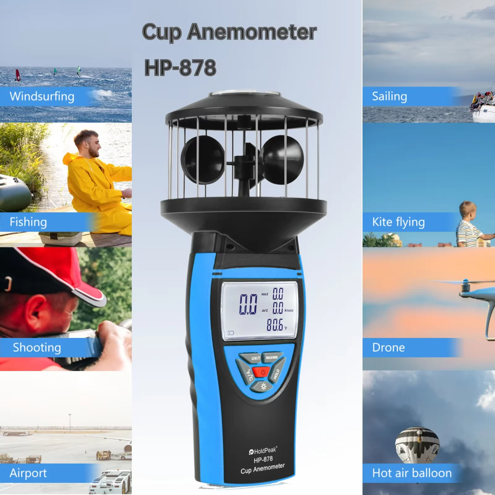 Handheld Wind Gauge,Digital Anemometer Shows Wind Temperature,Air Volume,Wind Speed/Direction with LCD Backlight and Compass