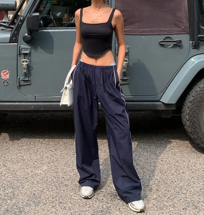 Y2k Women Cargo Pants Parachute Pants Korean Harajuku Sweatpants Blue Wide Leg Trousers Loose Low Waist Oversized Jogger