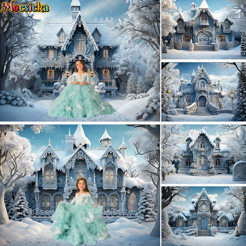 Mocsicka Winter Christmas Background Photography Castle House Snow Xmas Tree Kid Family Portrait Decor Backdrop Photo Studio