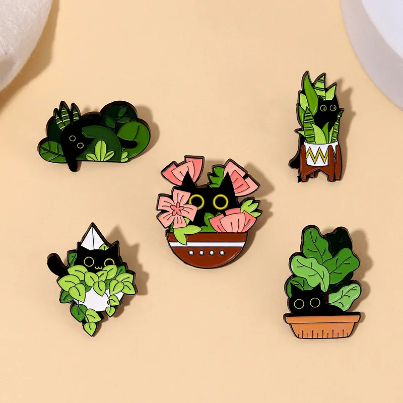 Cartoon Black Cats Plant Potted Enamel Pins Cute Flower Grass Kitten Animal Brooch Lapel Badge Fashion Jewelry Gifts For Friends