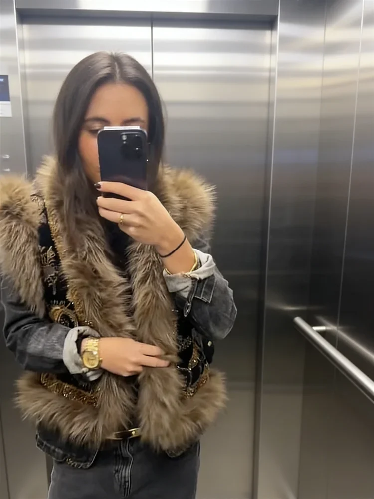 Embroidery Fur Patchwork Women's Vest Elegant Sleeveless Open Stitch Short Jacket 2026 Spring Vintage Lady Daily New Outerwear