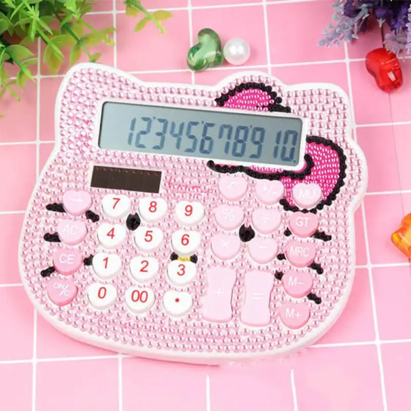 Sanrio Hello Kitty Calculator Crystal with Diamond Solar Energy Bow Tie Heart Button Diamond Durable Creativity Child Gift