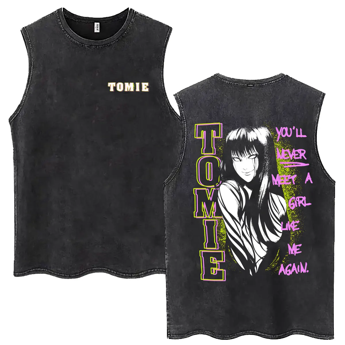 Anime Tomie Junji Ito Vintage Washed Tank Tops Men Women Manga Horror Gothic Rock Sleeveless Vest T-shirt Male Retro Streetwear