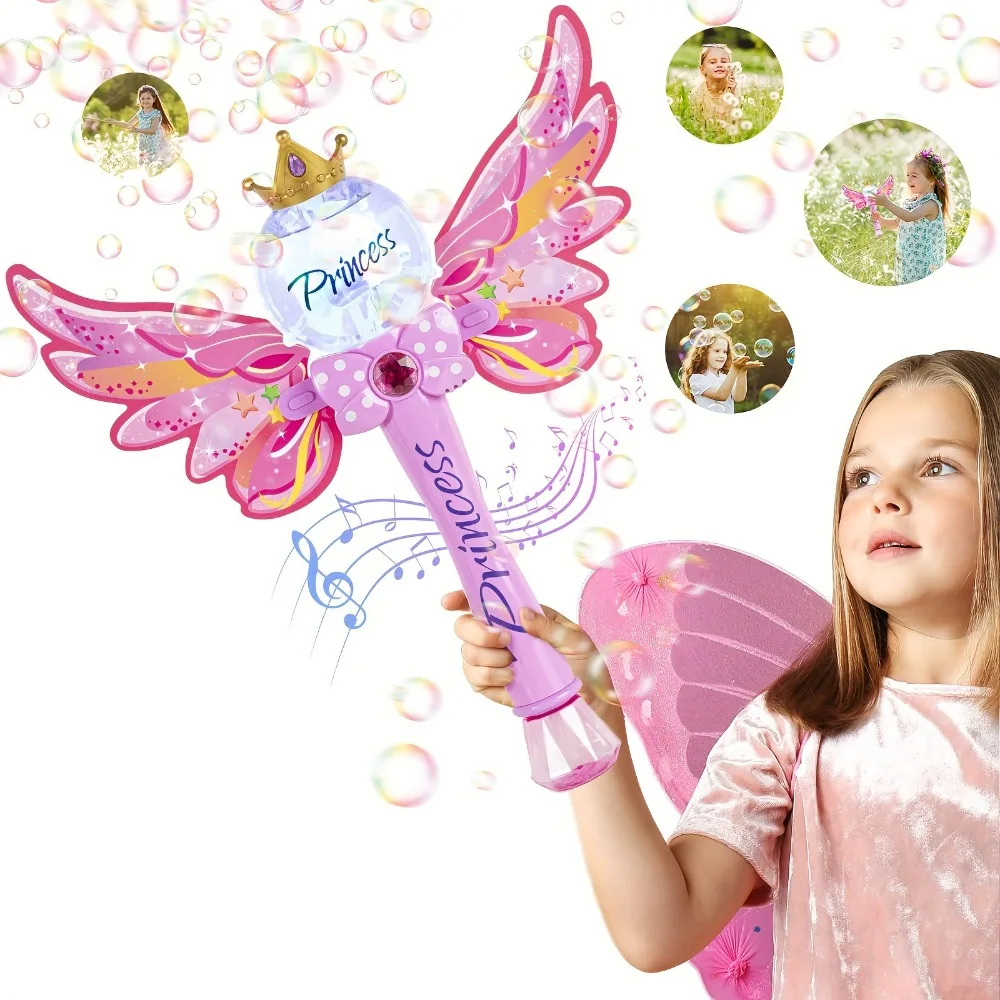 Bacchetta magica da principessa con luce a LED e musica, con macchina per bolle sonora surround, per ragazze dai 3 anni in su, feste di compleanno all'aperto