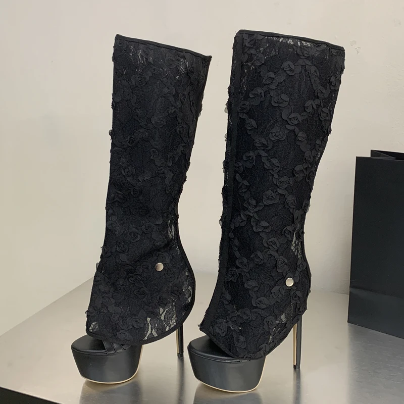 Aneikeh Fashion Sexy lace detachable high-heeled sandals Pole Dance Hollow Out Sandal Boots Lady Banquet Party Shoe Cool Booties