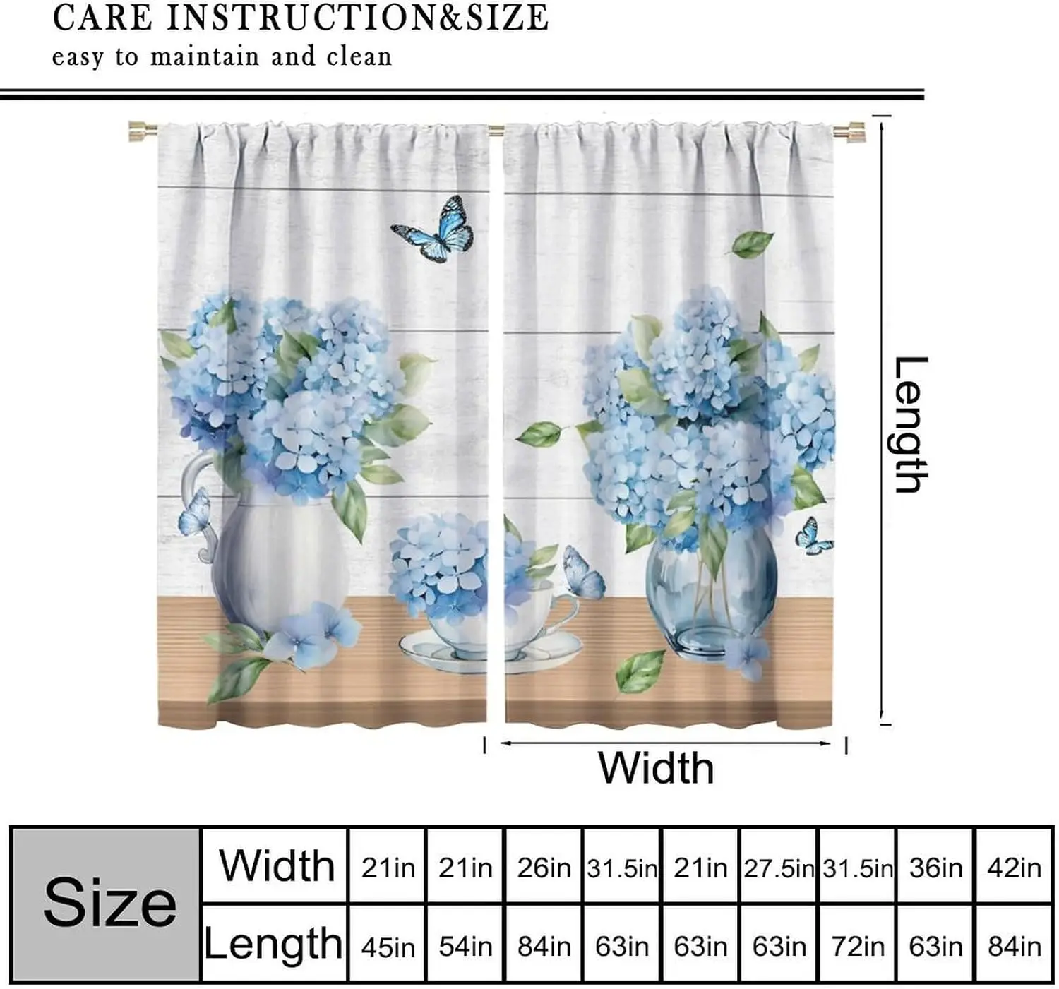 Blue Hydrangea Vase Butterfly Wood Board Print Blackout Rod Pocket Curtain Modern Luxury Elegant Living Room Rest Window
