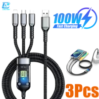 3 In 1 USB 100W Fast Charging Cable With Type-C Micro Multi Charger Nylon Braid Cord For iPhone 16 Oppo Huawei Xiaomi Data Cord