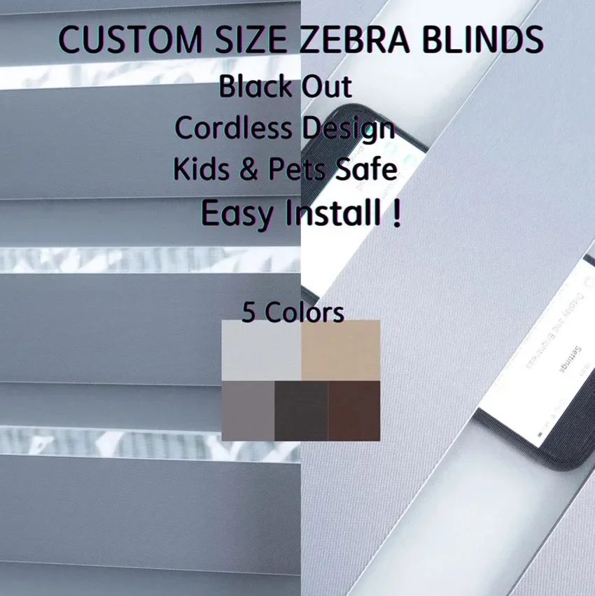 Hot Sale Modern 5 Colors Thick Fabric Cordless Zebra Blind Free-Stop High Blackout Sping Roller Shades Dual Layer Window Blinds