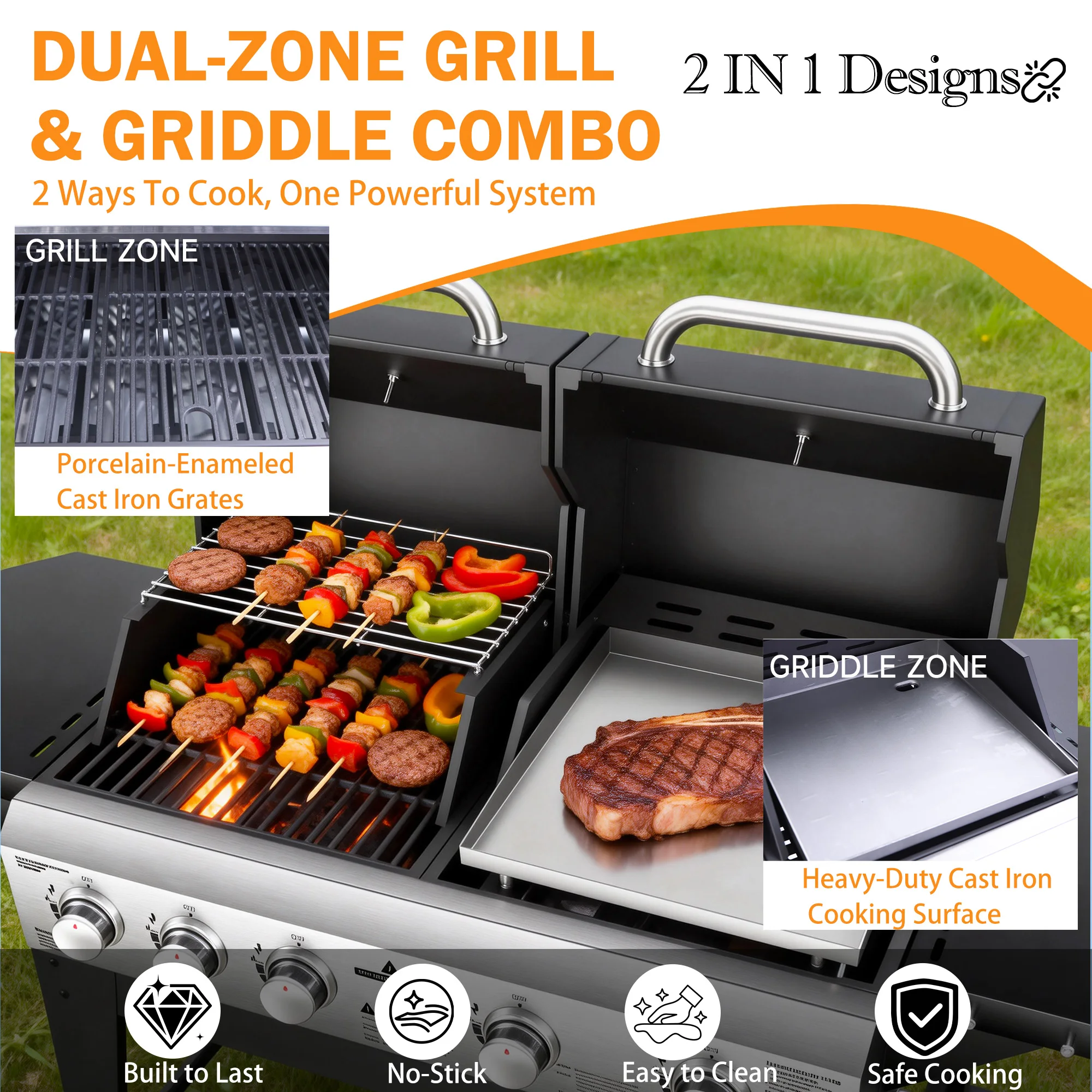 Grill and double cooking system with stainless steel panels for outdoor cooking