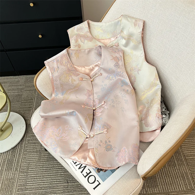 

Новый жилет в китайском стиле, парчовый жаккардовый универсальный топ на пуговицах ручной работы в стиле ретро