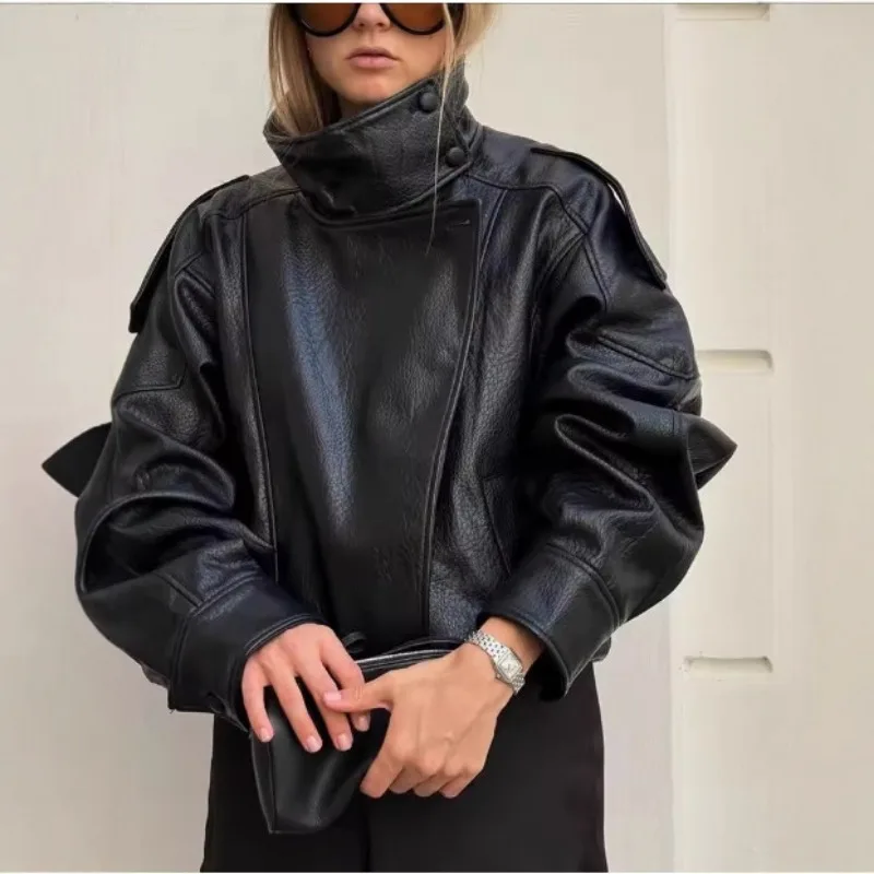 

Модные черные куртки из искусственной кожи FL Chic для женщин, с длинными рукавами, на пуговицах, эластичные, оверсайз, осенне-зимняя уличная одежда 2026 года, новинка