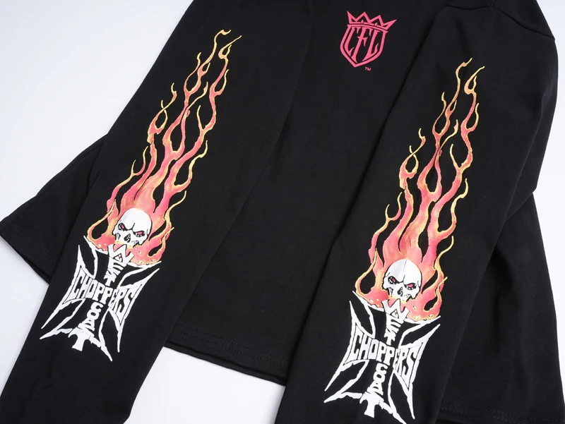 Red Cross Sanskrit Letter Crackle Print Flame Skull Long Sleeve American Street West Coast Choppers Tshirts Men Women Streetwear - view 4