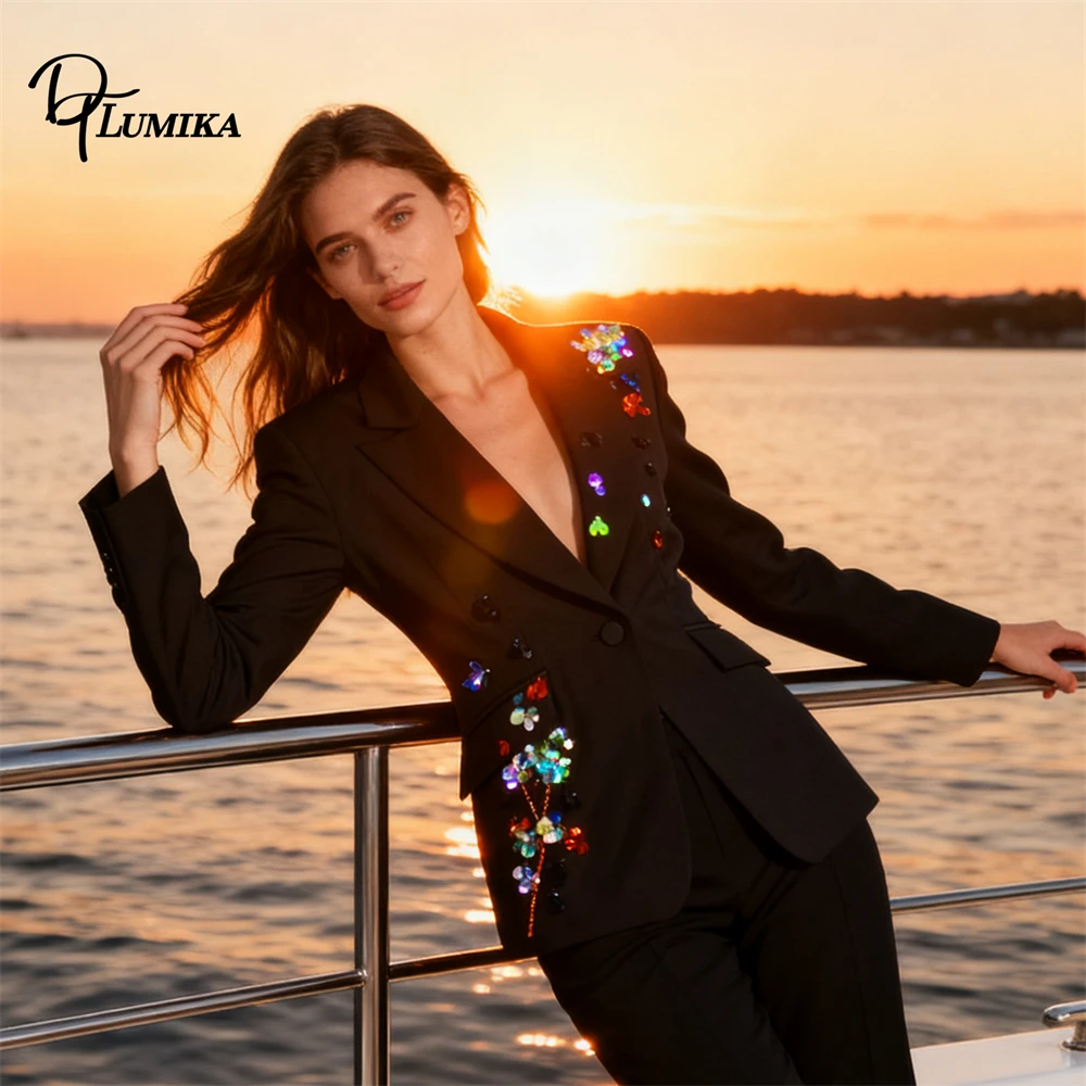 سترة DTLumika سوداء للنساء، سترة بدلة مطرزة بالترتر الزهري، ملابس خارجية رسمية/غير رسمية بقصة ضيقة #1