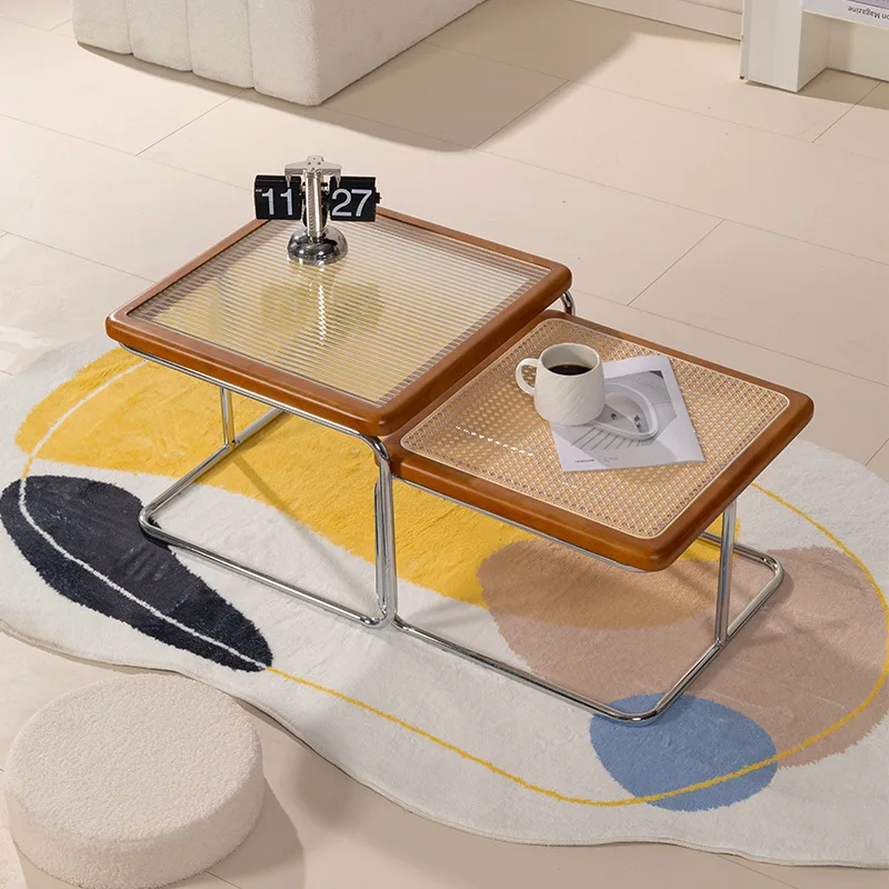 

Retro simple modern small apartment side table square black glass wooden rattan coffee table living room