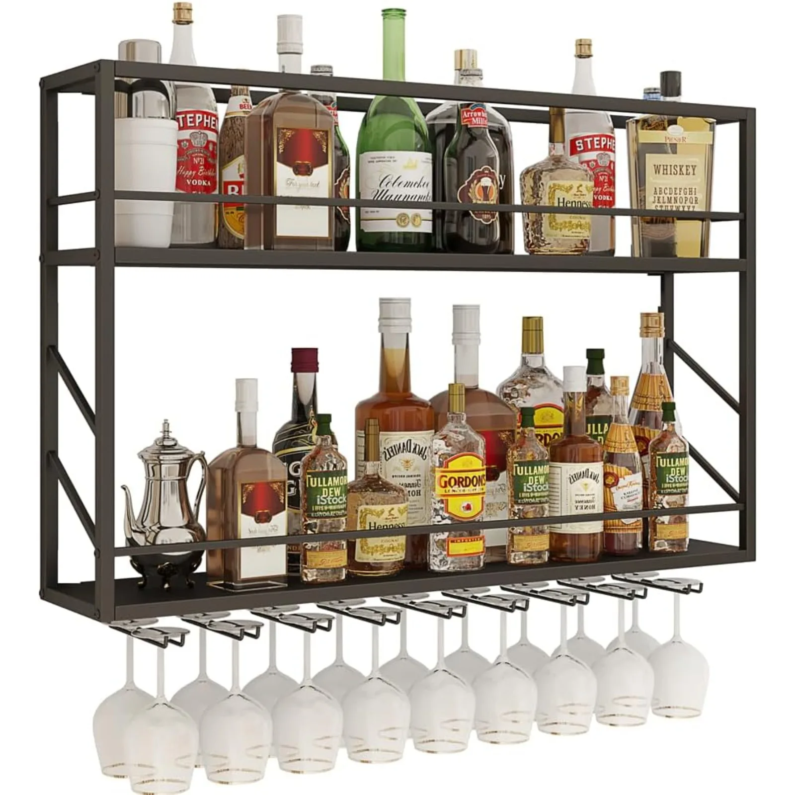 US Wall Mounted Wine Rack 2 Tier, Metal Bar Liquor Shelves and Glass Holder,Wall Bar Shelf Wine Display Storage Holder for Home