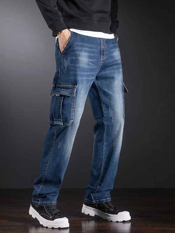 

American Sle Men's Loose Straight Leg Jeans Multiple kets Spring Autumn Large Size Casual Workwear Denim Trousers