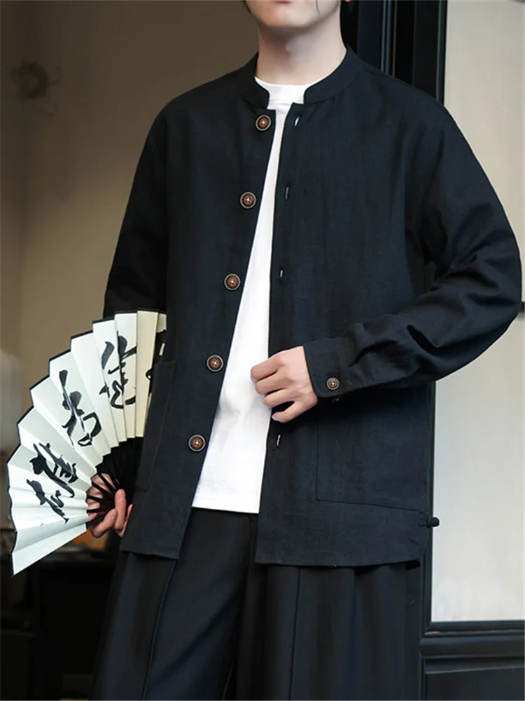 

Мужская хлопковая рубашка из льняной ткани с длинным рукавом, новая китайская летняя тонкая куртка-жакет, повседневная свободная верхняя одежда на пуговицах
