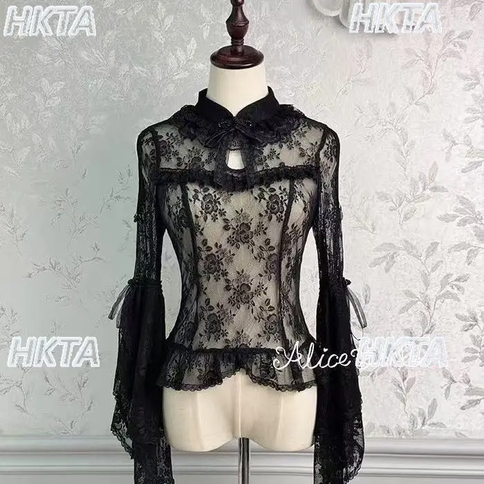 

Расклешенная рубашка с длинным рукавом в китайском стиле в стиле Лолиты, женский элегантный осенний топ с полувысоким воротником и цветочным кружевом, женские блузки с рюшами