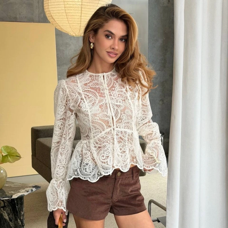 Mingmingxi Women White Lace See Through Shirts Puff Sleeve Blouse Drawstring Waist Sheer Cropped Top for Party Outfit