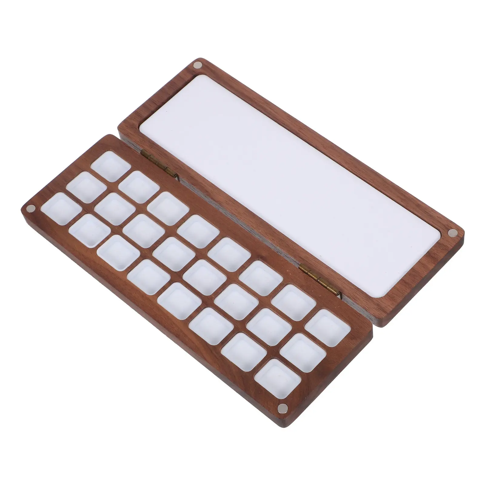 Solid Wood Portable Watercolor Palette Case with Lid 24 Independent Mixing Trays Rectangular Color Palette for Outdoor Painting